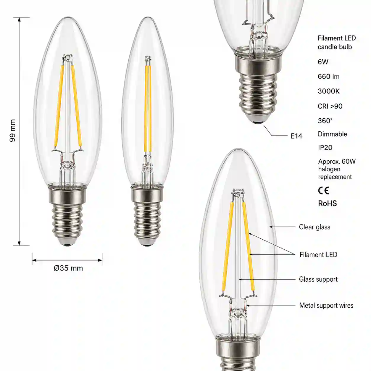 Detail patice E14 a skleněné baňky svíčky s okótovanými rozměry